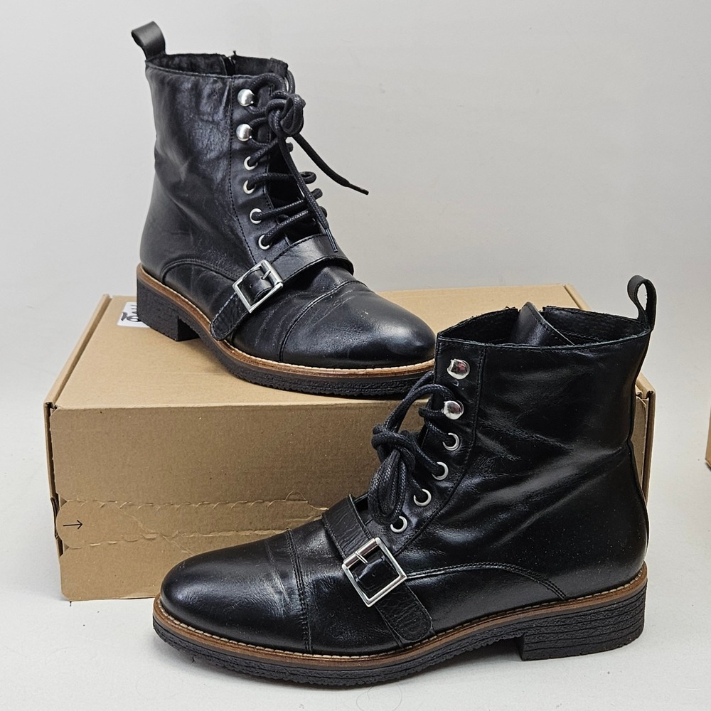 BERTUCHI Combat Biker Boots Sz 8.5 EU 39 Black Leather Zip /Lace Up Made SPAIN